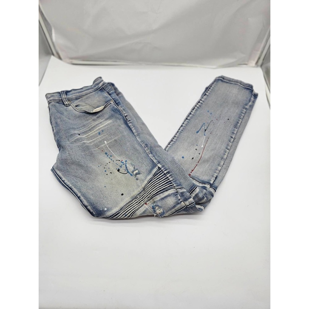 Kilogram Men's Blue Splatter Painted Design Denim  Stretch Fit Jeans Size 38